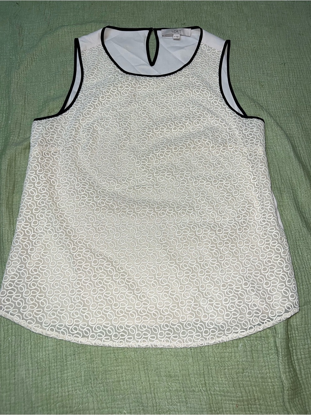 LOFT White Eyelet Sleeveless Shell with Black Trim